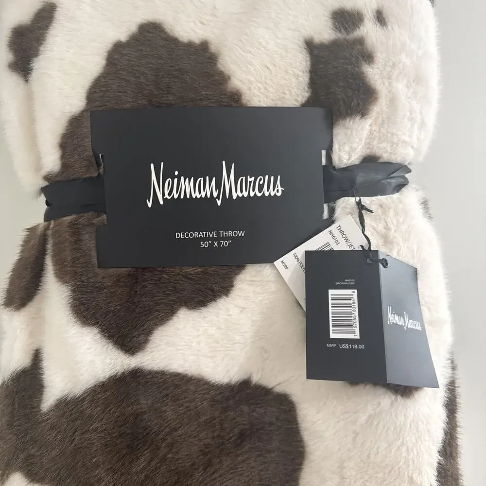 NEIMAN MARCUS Luxury COWHIDE Design Faux Mink Fur Throw Blanket NEW WITH TAGS